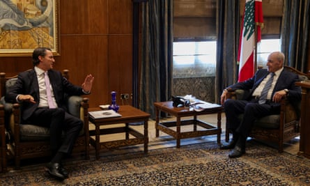 Amos Hochstein speaks to Nabih Berri, who are both sitting down
