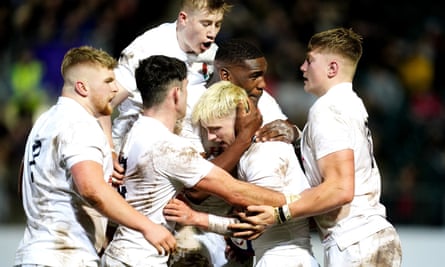 England’s Under-20s players celebrate after Archie McParland (second right) scored their second try of the game during their Under-20’s Six Nations 28-7 win over Wales on 09 February 2024.