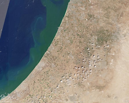 A satellite view shows a algae bloom along Gaza’s coast to Ashdod in Israel.