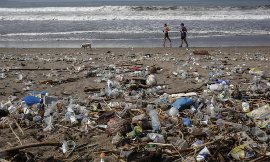 Plastic trash on Berawa Beach, Bali, Indonesia.