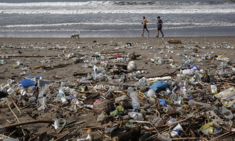 Plastic washed ashore on Berawa Beach, Bali, Indonesia.