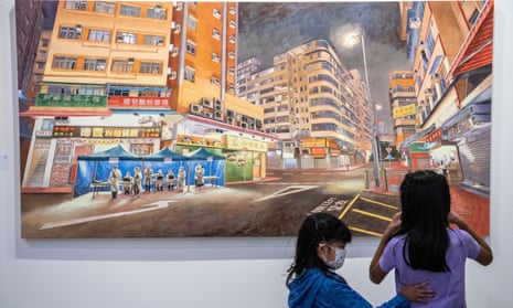 Two Girls look at a painting about the Lockdown during Covid-19 in Hong Kong at Art Basel Hong Kong 2021 in Hong Kong, China, 19 May 2021.