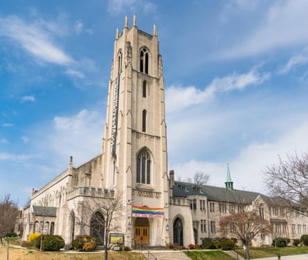 A church with a large square steeple.