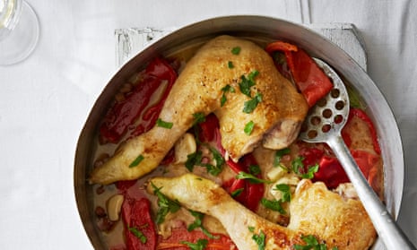 Worthy of a dinner party: pan-roasted chicken legs with peppers.