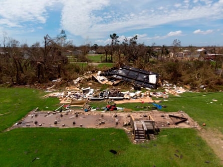 Homes damaged by Hurricane Laura in Grand Lake, Louisiana.