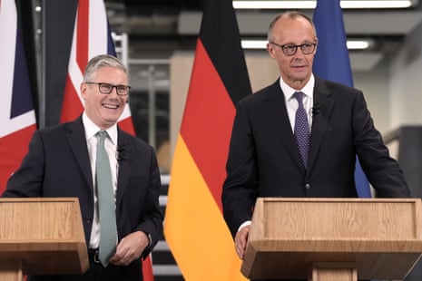 Keir Starmer and Friedrich Merz at their press conference at the Airbus factory in Stevenage.