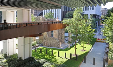 Newly rebuilt Bastion High Walk pedestrian route in the Barbican development in the City of, London, UK
