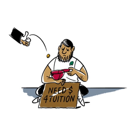 Illustration of a student begging for money for tuition fees
