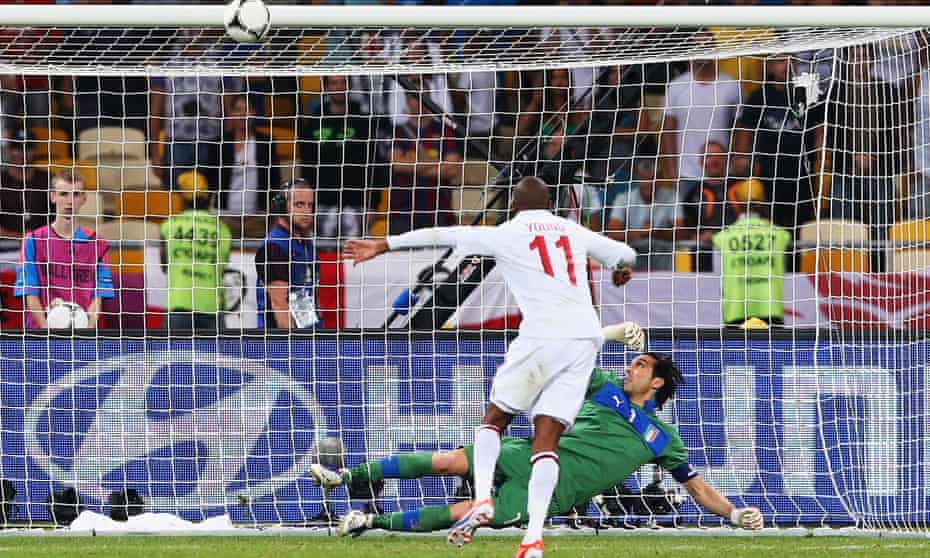 Ashley Young’s penalty hits the crossbar against Italy in Euro 2012.