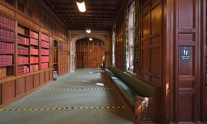 One of the division lobbies in the Commons, with tape showing MPs how to observe social distancing.