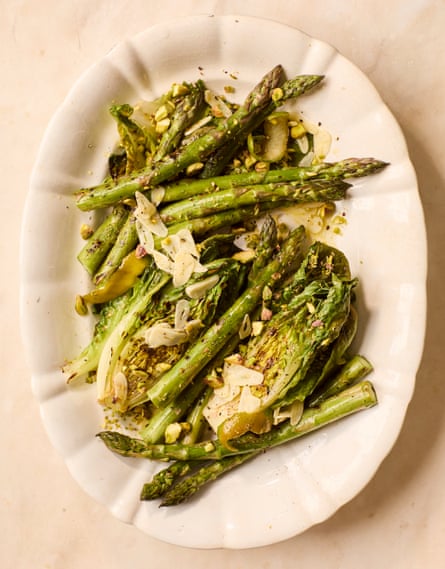 grilled asparagus with pistachio, garlic and lime salad