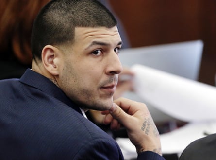 Aaron Hernandez listens during his double murder trial in Suffolk Superior Court, in Boston, 2017