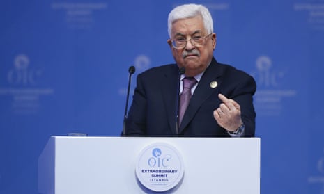 Mahmoud Abbas delivers a speech during an extraordinary meeting of the Organisation of Islamic Cooperation in Istanbul