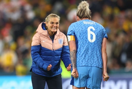 Sarina Wiegman and Millie Bright celebrate after England reach the final of the most recent World Cup in Australia and New Zealand