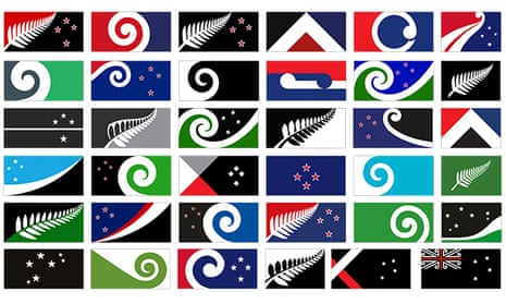 Some of the flags proposed to replace the current New Zealand flag by designers that made the longlist of 40.