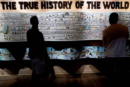 Visitors look at a display claiming to depict the true history of the world, at the Ark Encounter in Williamstown, Kentucky, on 30 September 2022.