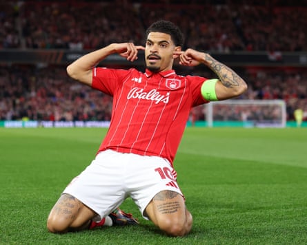 Morgan Gibbs-White of Nottingham Forest celebrates scoring his team’s first goal during the UEFA Europa League 2025/26 Quarter-Final Leg Two match between Nottingham Forest FC and FC Porto at City Ground on 16 April 2026 in Nottingham, England.