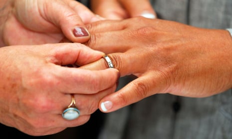 Female couple holding hands and placing ring on finger during their civil partnership ceremony