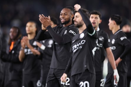 Antoine Semenyo of Manchester City celebrates after the Leeds match.