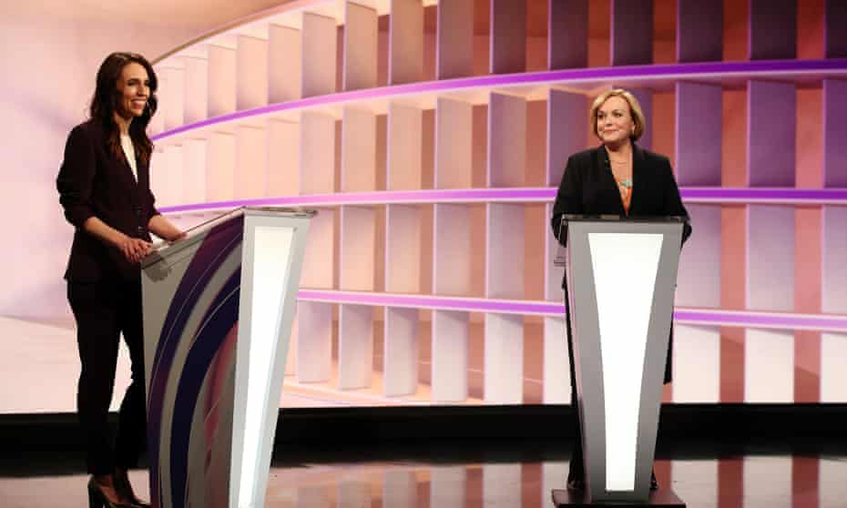 Jacinda Ardern and Judith Collins during the live TV debate.