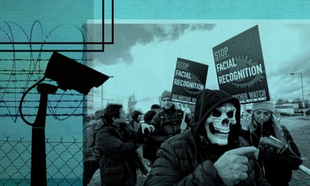 People wearing skull masks in protest against the use of facial recognition technology