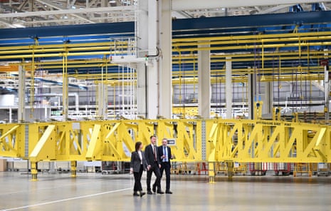 Jeremy Hunt, centre, on a visit to the Airbus factory in Broughton, north Wales, this morning.