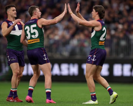 Fremantle forwards Jye Amiss, Josh Treacy and Patrick Voss
