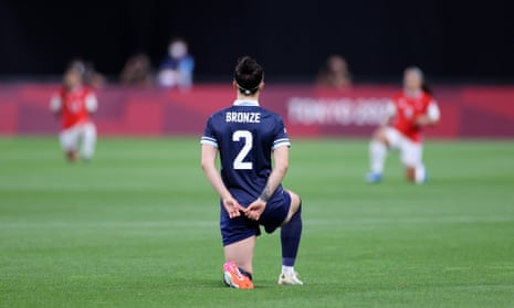 Lucy Bronze takes the knee at the start of Team GB’s opening football match against Chile at the Tokyo Olympics.