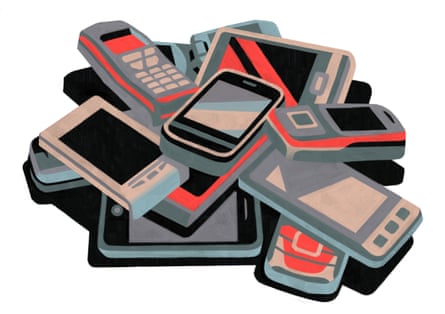 SPOT illustration for long read about carbon credit fraud - pile of mobile phones