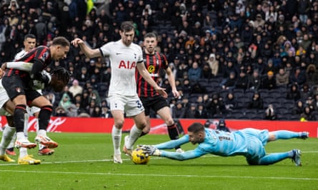 Guglielmo Vicario dives to make a typically assured save during Tottenham’s victory over Bournemouth last month