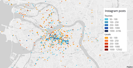 Visualisation of Saint Petersburg residents’ favourite places, according to analysis of public and geotagged Instagram posts, versus those of tourists