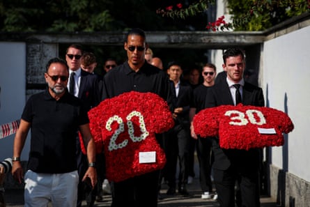 Liverpool’s captain Virgil van Dijk and Andrew Robertson arrive on the day of the funeral for Diogo Jota and his brother André Silva, who died in a car crash