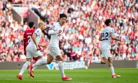Tottenham's Son Heung-min celebrates scoring his side's 2nd goal .