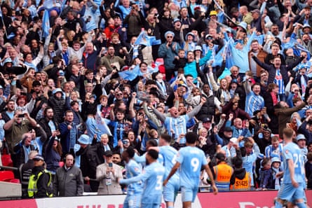 Coventry fans celebrate their third goal, which took the semi-final into extra time