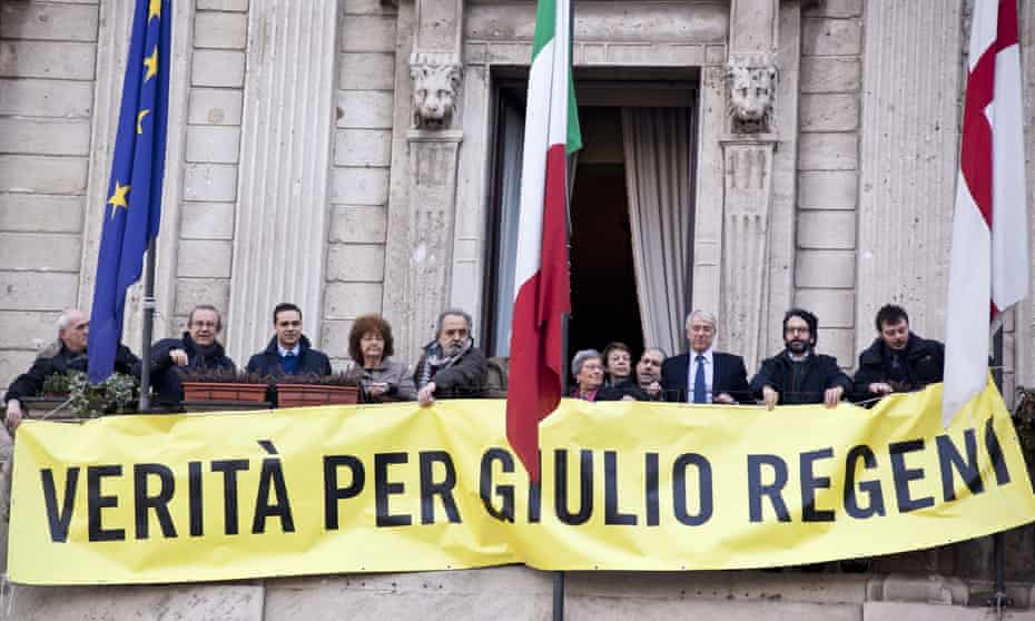 Protesters hold banner reading 'Verità per Giulio Regeni'