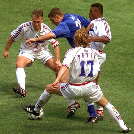 Christian Vieri is swarmed by France’s Didier Deschamps, Emmanuel Petit and Marcel Desailly (left to right) during the 1998 World Cup quarter-final.