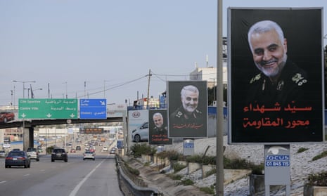 Portraits of the Iranian military commander Qassem Suleimani, killed in a US airstrike, line the main road leading to the airport in the Lebanese capital Beirut.