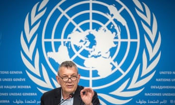 Philippe Lazzarini in front of a United Nations logo