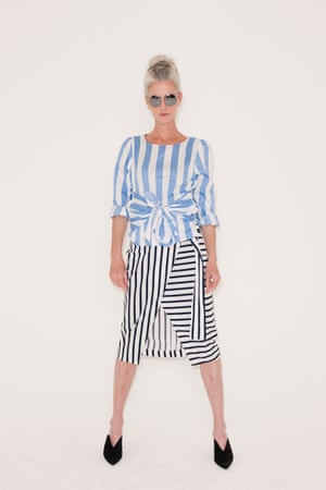 pale blue and white striped tie front top Marks and Spencer, black and white striped wraparound skirt, Warehouse, black  pointed mules ,Aeyde, round mirrored sunglasses Monki