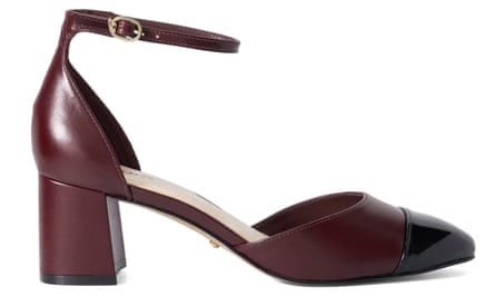 A burgundy leather heeled ankle strap court shoe with a black toe