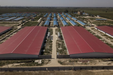This aerial picture taken on September 24, 2019, shows a quarantined pig farm in Hebei, outside Beijing.