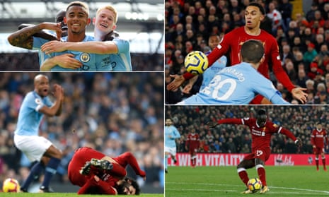 Clockwise from top left: Gabriel Jesus celebrates scoring Manchester City’s second goal in September 2017; Liverpool's Trent Alexander-Arnold appears to handle the ball in the penalty area in November 2019; Liverpool's Sadio Mané scores their third in January 2018 and City's Vincent Kompany reacts after his tackle on Mohamed Salah that resulted in a yellow card, in January 2019.