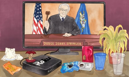 Illustration of Jerry Springer as a judge, with mugs and snacks strewn on table in front of tv, a melted candle and a plant that’s very wilted