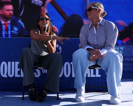 The former Arsenal players Alex Scott and Emma Byrne on stage at a fan event before the Champions League final against Barcelona