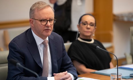 The Prime Minister Anthony Albanese and Minister for Indigenous Australians Linda Burney at a meeting of the Voice Referendum working group in a committee room of Parliament House in Canberra today. 