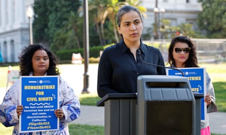 State senator Aisha Wahab and caste discrimination bill supporters including Thenmozhi Soundararajan, a Dalit civil rights activist in front of the state capitol in Sacramento on 6 September 2023.