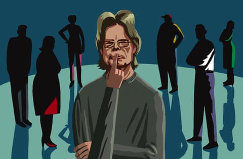 Illustration of novelist Stephen King surrounded by six shadowy figures
