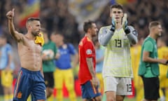 Jordi Alba and goalkeeper Kepa salute Spanish fans at the end of their win in Romania. 