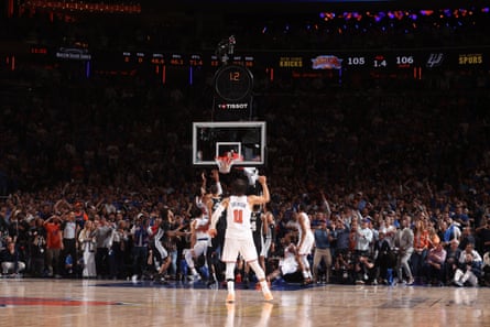 OG Anunoby makes the game-winning tip-in as Jalen Brunson looks on during Game 4 of the NBA finals on Wednesday night.