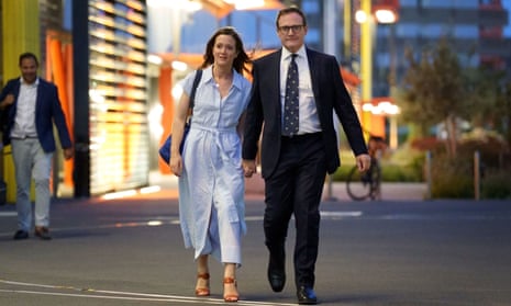 Tom Tugendhat with his wife, Anissia, leave the Here East studios in Stratford, east London, after the live television debate.